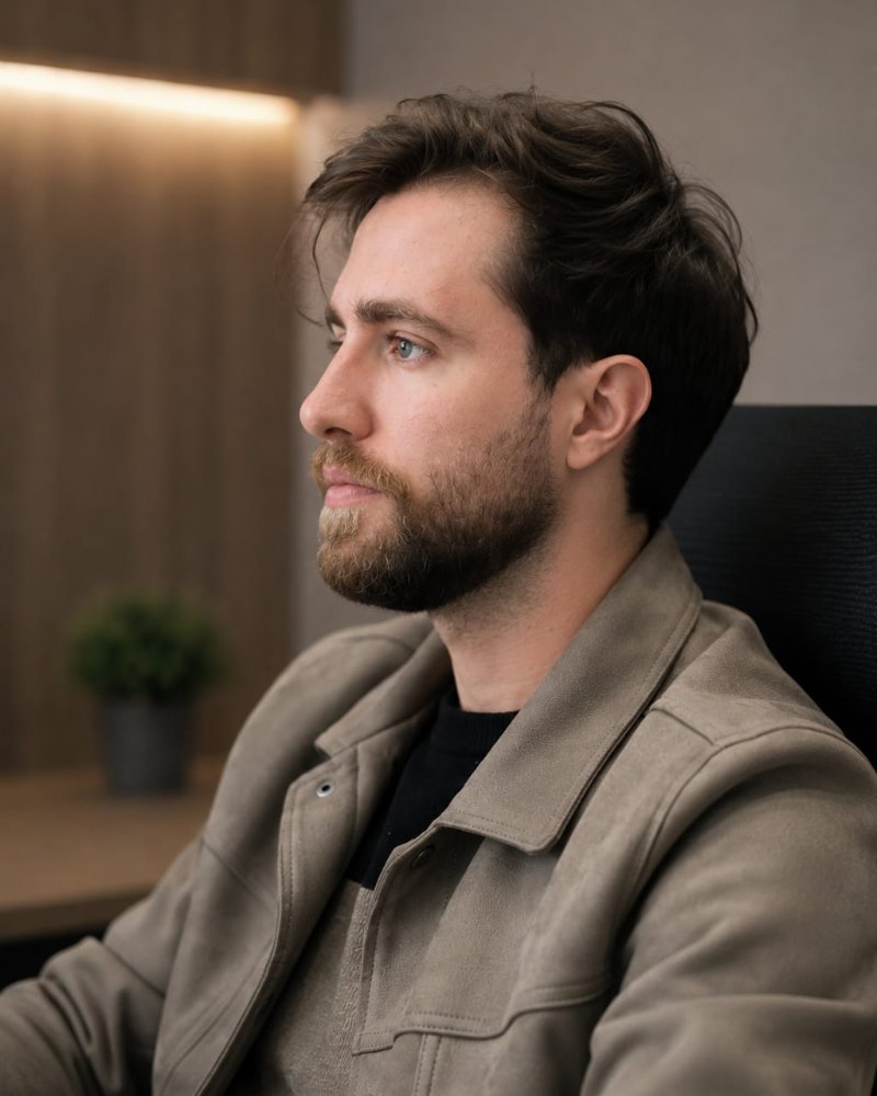 Vinícius Sarturi de perfil, em expressão reflexiva, no consultório